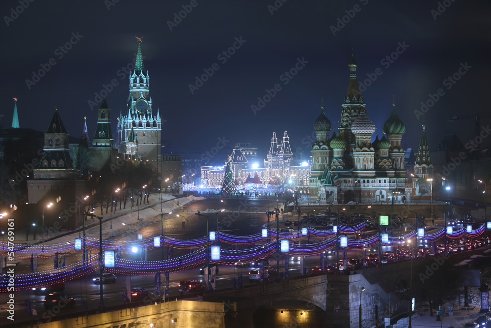 Night view of the Red Square, the Kremlin