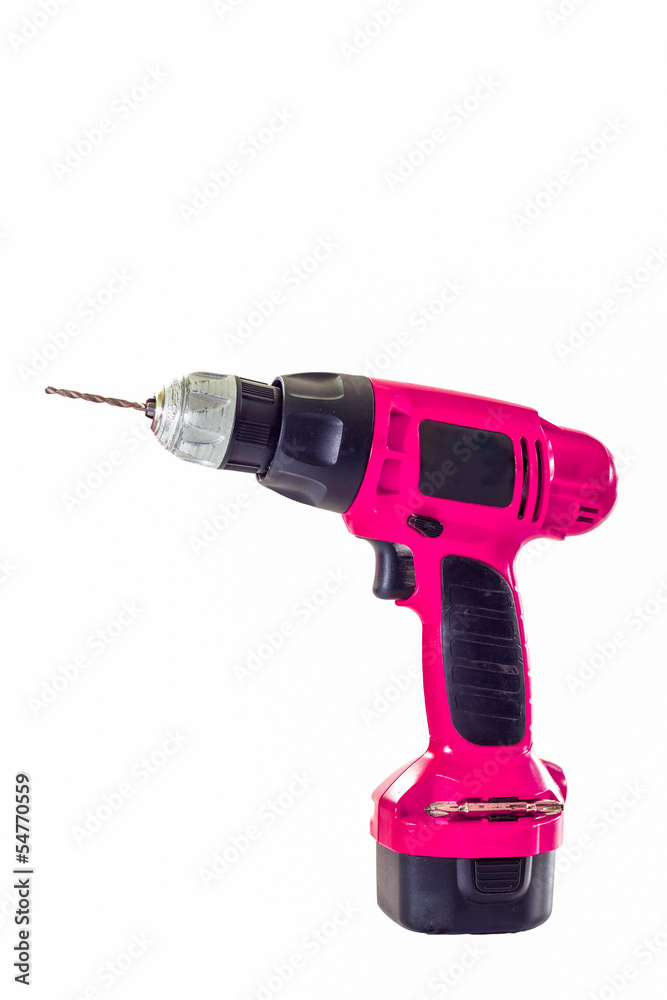 Hand holding battery drill and drills wooden board, isolated Hand holding battery drill and drills wooden board, isolated