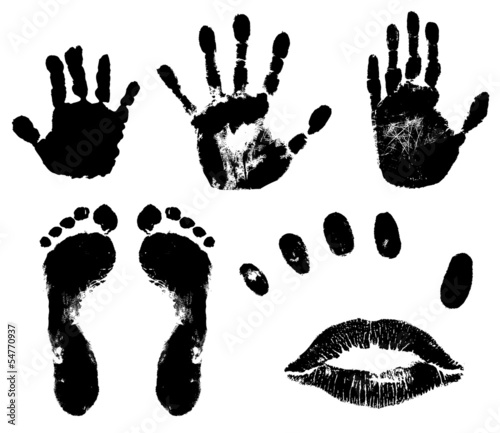 Black prints of feet, hands, fingers and lips