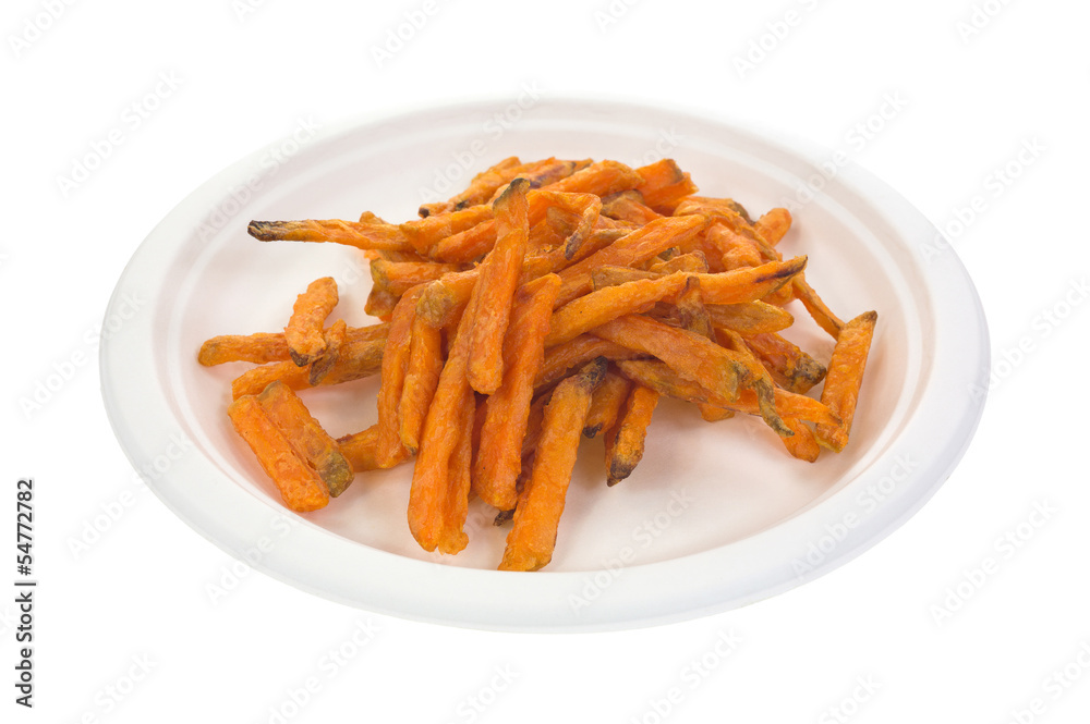 Sweet potato french fries on paper plate Sweet potato french fries on paper plate