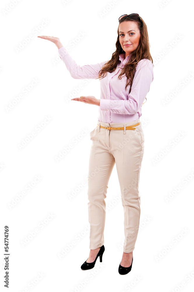 Full length of beautiful woman showing / holding on the palm Full length of beautiful woman showing / holding on the palm