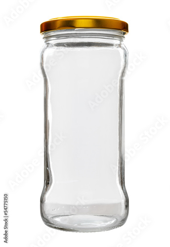 High transparent glass jar on white background, with the closed gold color top