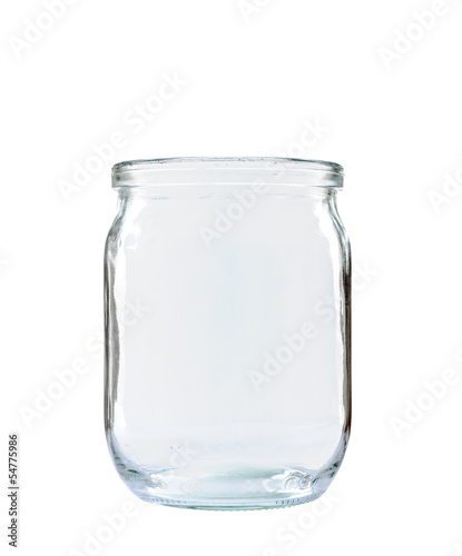 Transparent glass jar without top on white background