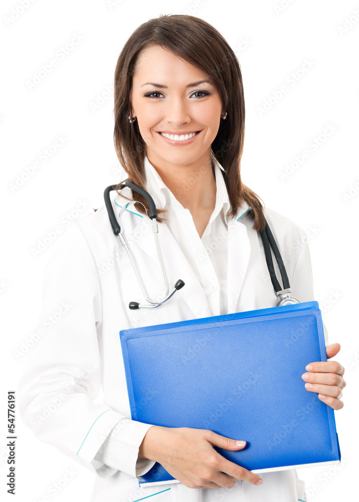 Cheerful doctor with blue folder, over white Cheerful doctor with blue folder, over white