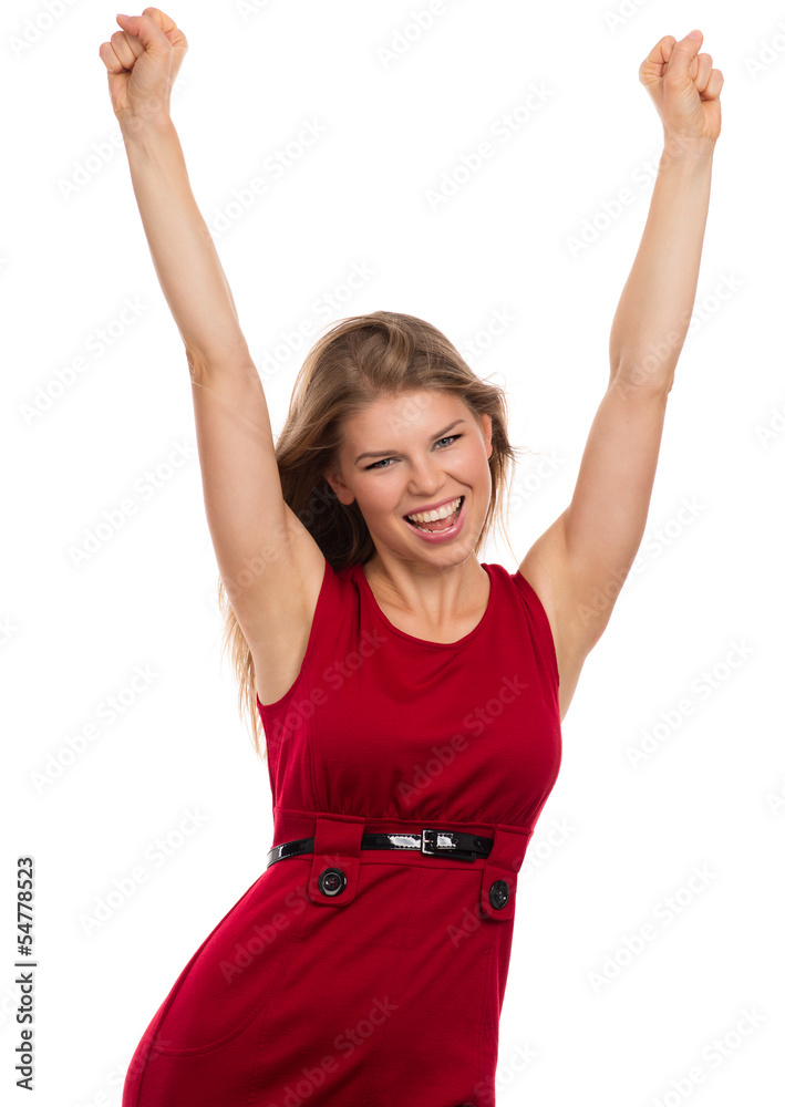 Exited lovely fashion woman winning success with hands up. Exited lovely fashion woman winning success with hands up.