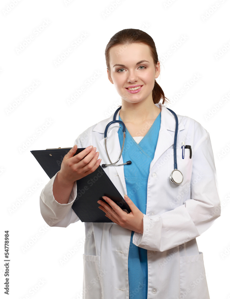 Young doctor with stethoscope and clipboard Young doctor with stethoscope and clipboard