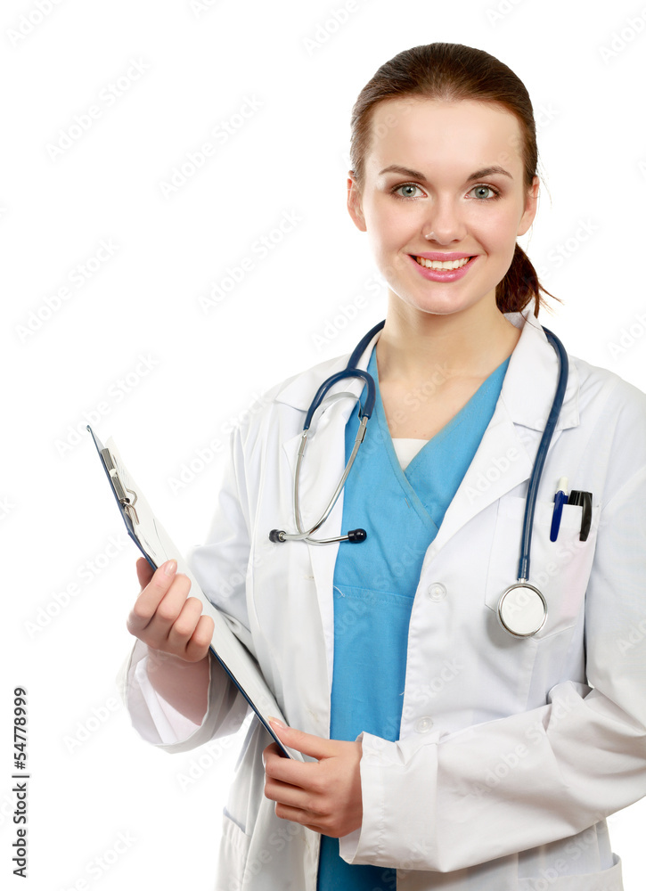 Young doctor with stethoscope and clipboard Young doctor with stethoscope and clipboard