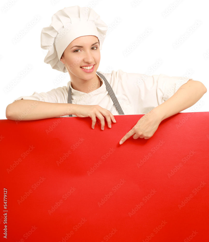 Happy woman cook or baker holding over paper sign billboard. Happy woman cook or baker holding over paper sign billboard.