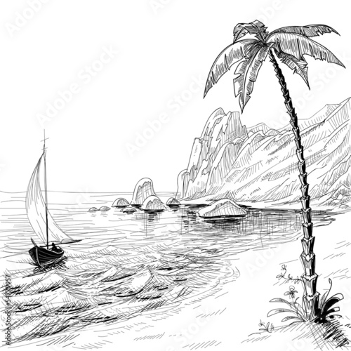 Sea beach, boat and palm tree vector sketch