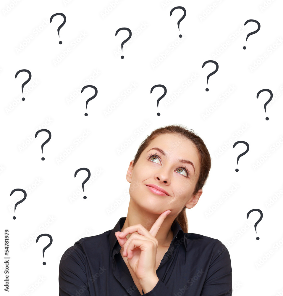 Thinking woman looking up on many questions mark isolated on whi Thinking woman looking up on many questions mark isolated on whi