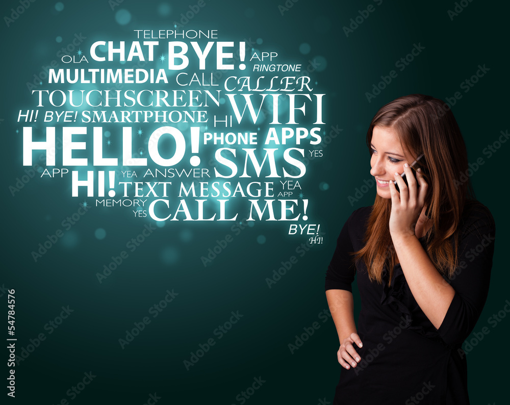 Young girl calling by phone with word cloud Young girl calling by phone with word cloud