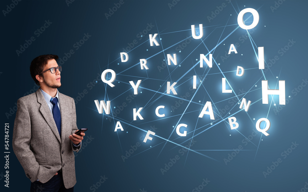 Young man typing on smartphone with high tech 3d letters comming Young man typing on smartphone with high tech 3d letters comming