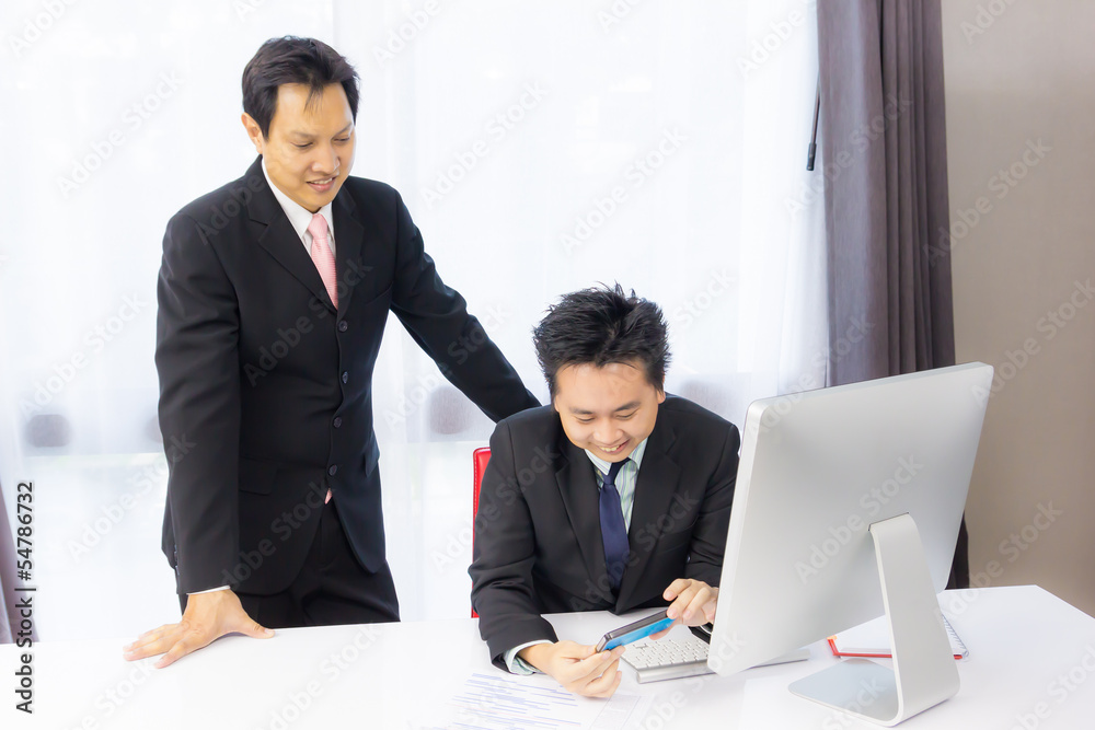 happy business man working with mobile phone happy business man working with mobile phone