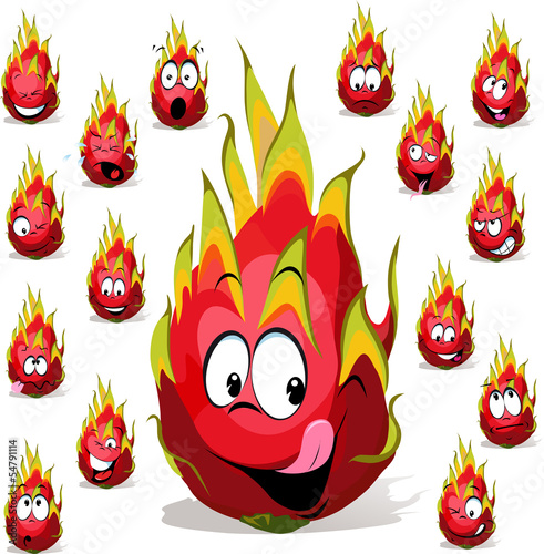 dragon fruit cartoon with many facial expressions