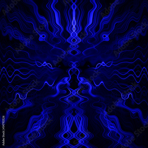 The abstract, asymmetrical pattern of smoke in blue