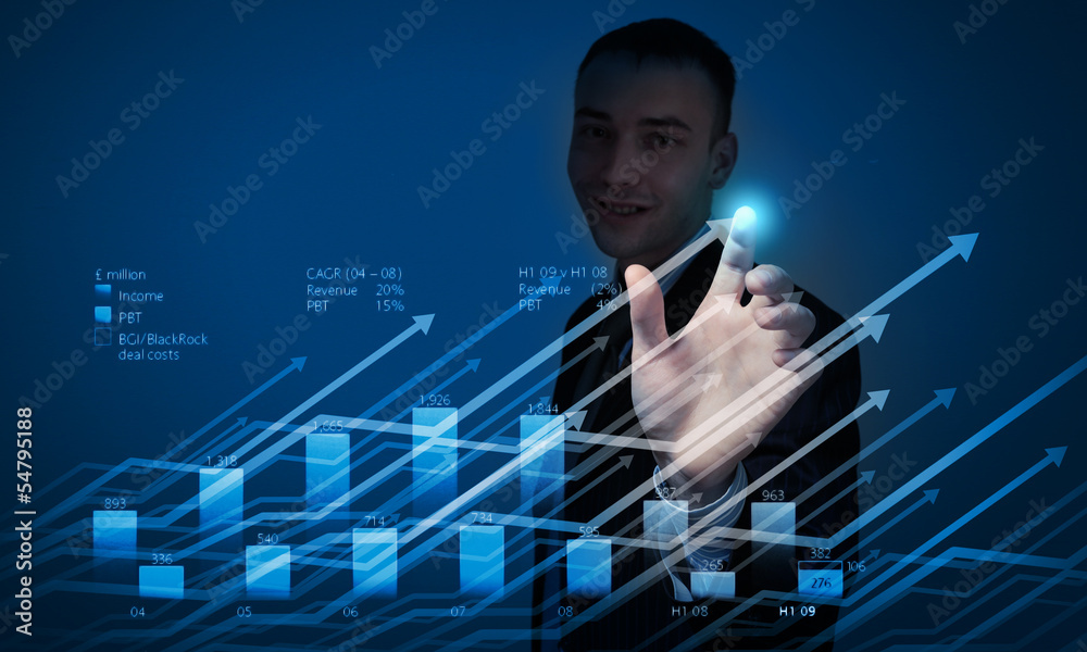 Fototapeta premium Young businessman touching icon