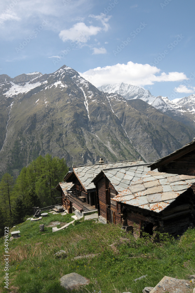 Chalets in pastures above Zermatt in the Swiss Alps