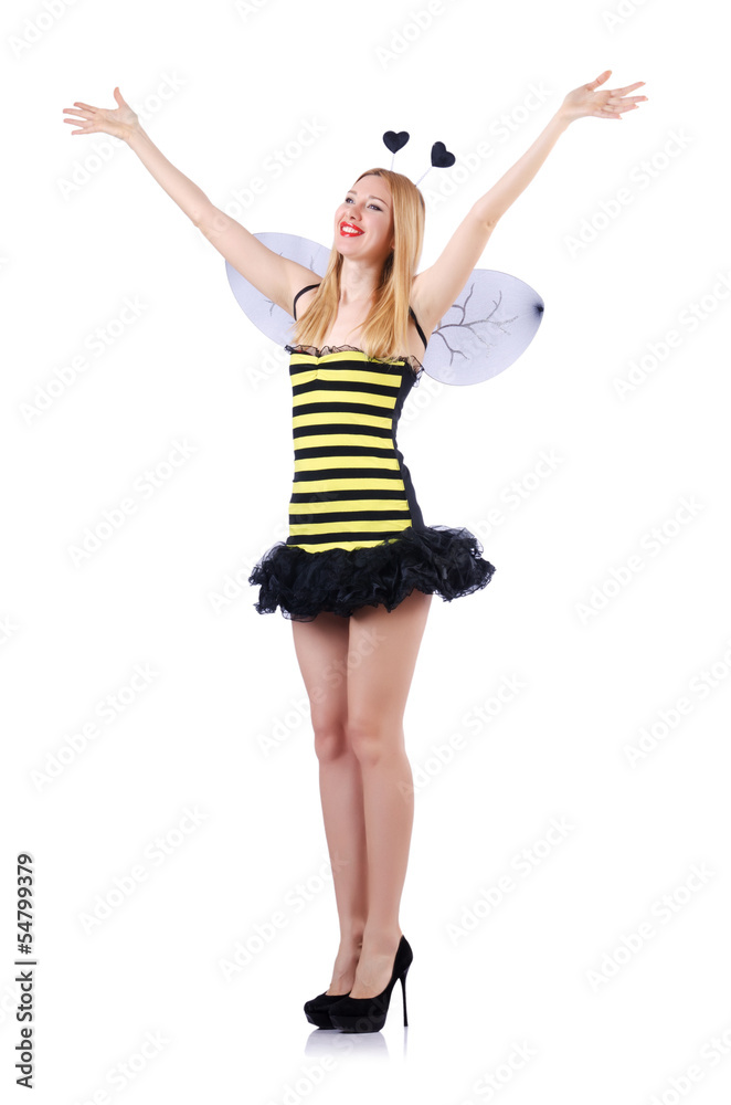 Woman in bee costume isolated on white Woman in bee costume isolated on white