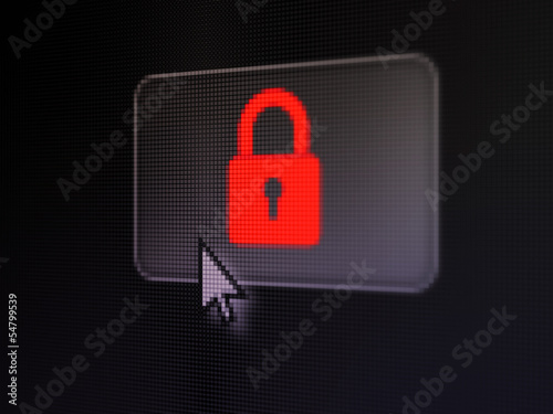 Protection concept: Closed Padlock on digital button background