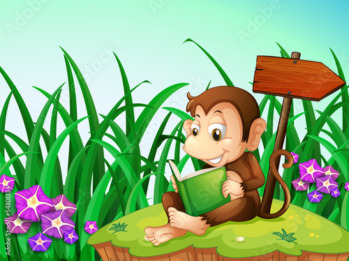 A monkey reading a book beside the arrowboard