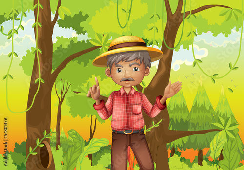An old man standing in the middle of the forest