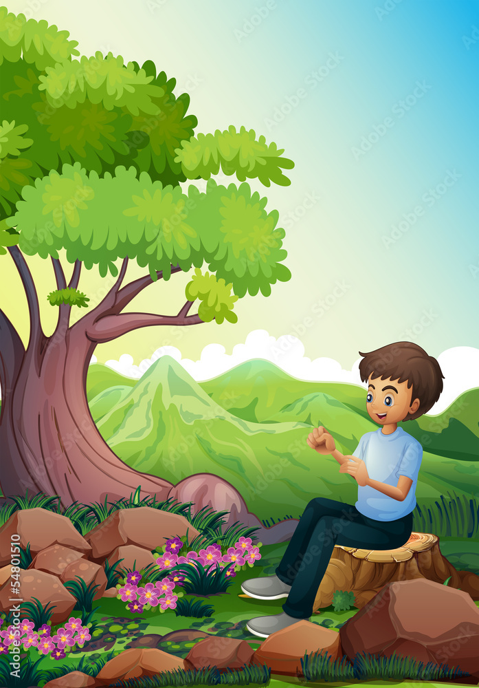 A man sitting above a stump A man sitting above a stump