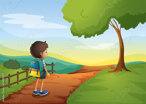 A young boy going to the school