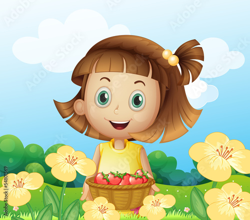 A girl holding a basket of fruits