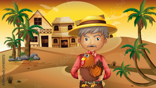 An old man and his rooster at the desert