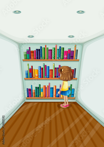 A young girl in front of the bookshelves with books