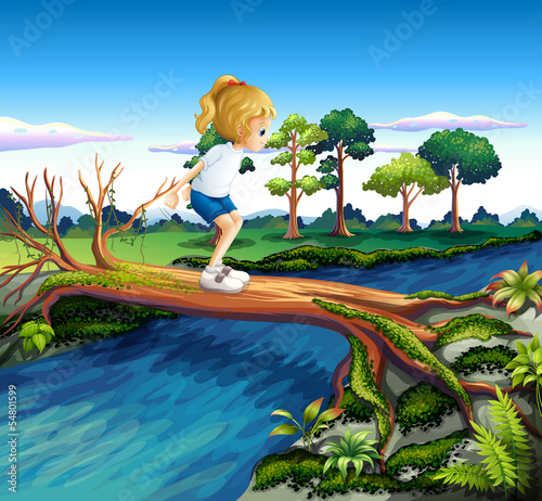 A girl playing above the trunk