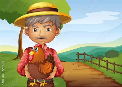 An old man holding a rooster