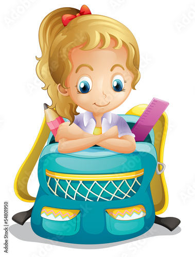 A school girl inside a schoolbag