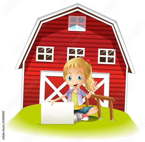A girl sitting in front of the barnhouse holding an empty signbo