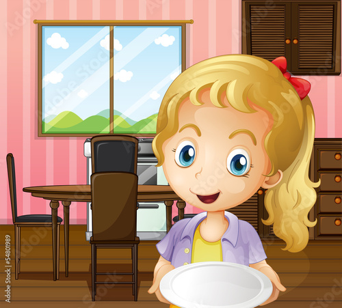 A girl holding an empty plate in the dining area