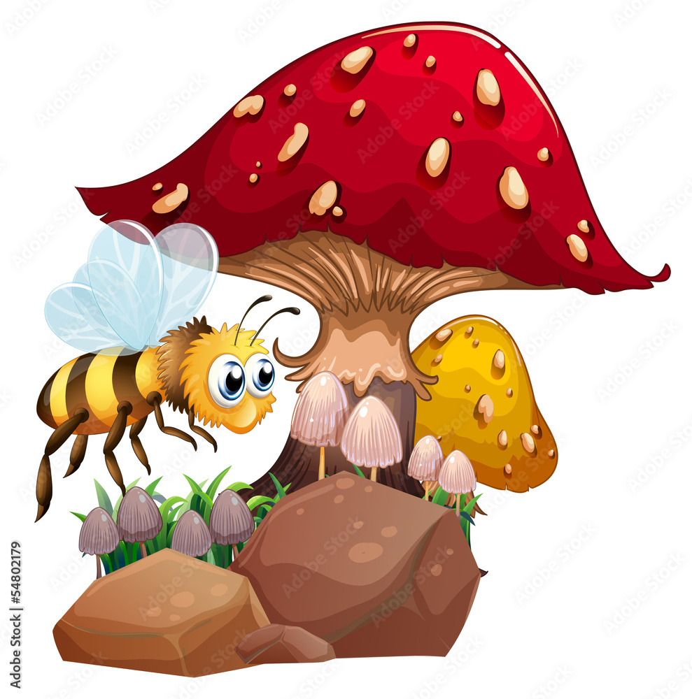 A bee near the giant red mushroom A bee near the giant red mushroom