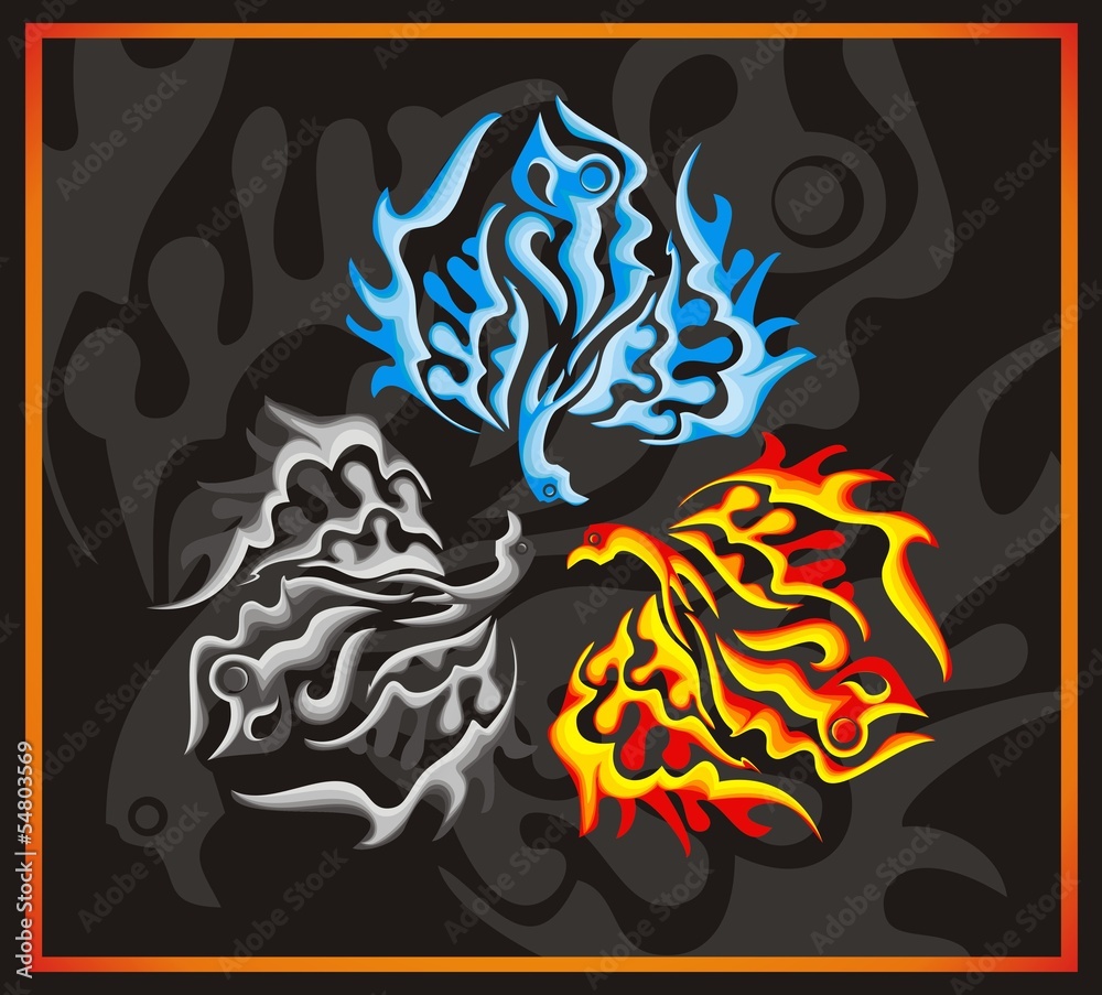 Fototapeta premium Phoenix concept - fire, water, ashes on a black background