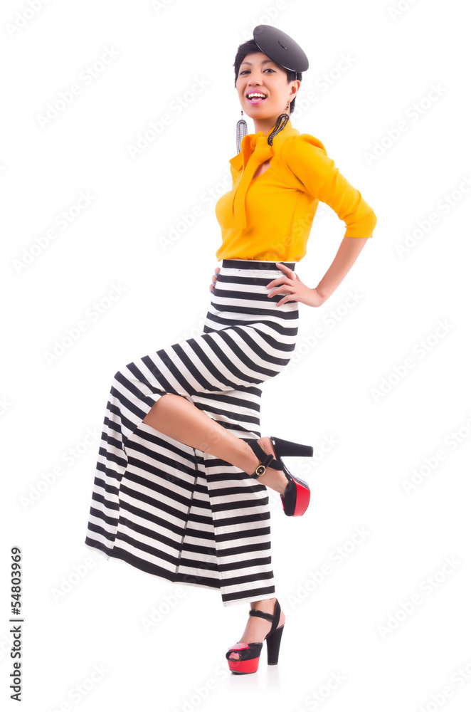 Model wearing fashionable clothing on white