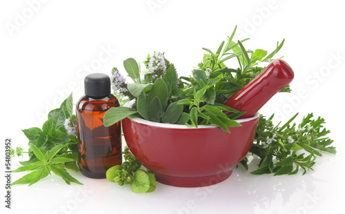 Mortar and pestle with fresh herbs and essential oil bottle photo