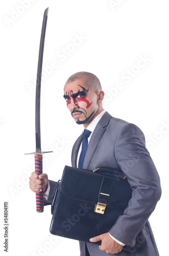 Businessman with sword isolated on white