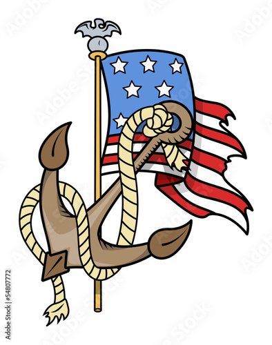 USA Patriotic Tattoo - Flag and Anchor - Vector Illustration