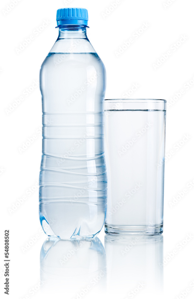 Plastic bottle and glass of drinking water isolated on white bac Plastic bottle and glass of drinking water isolated on white bac