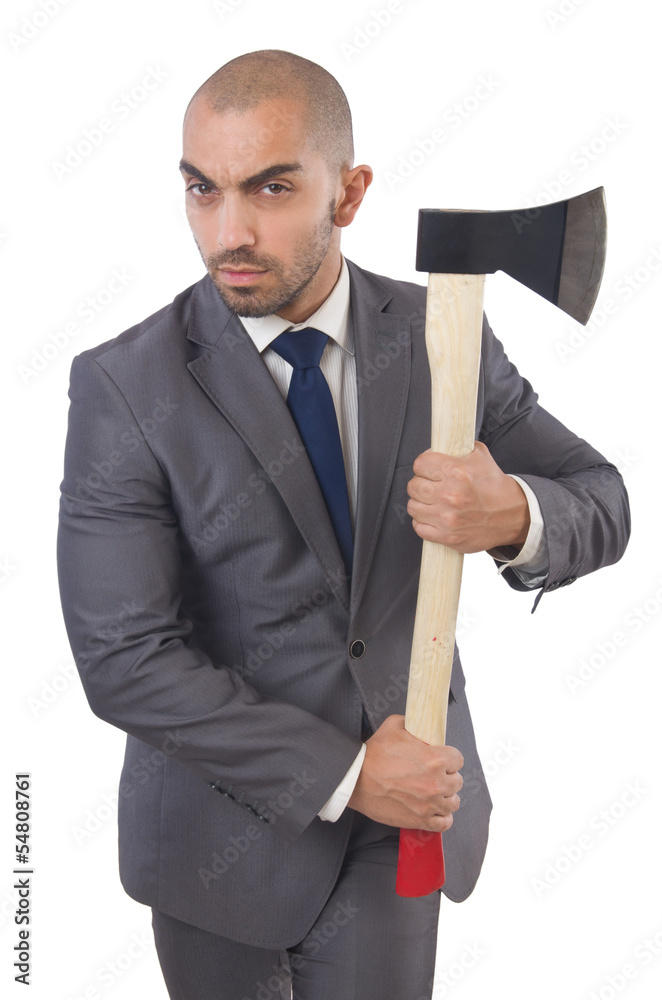 Funny businessman with axe on white Funny businessman with axe on white