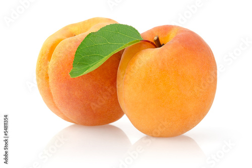 Ripe Apricots with Leaf Isolated on White Background