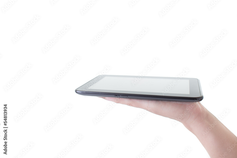 Male hand holding a tablet PC with space for you text isolated Male hand holding a tablet PC with space for you text isolated