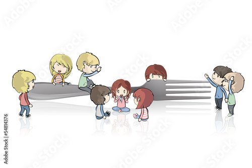 Kids around fork. Vector design