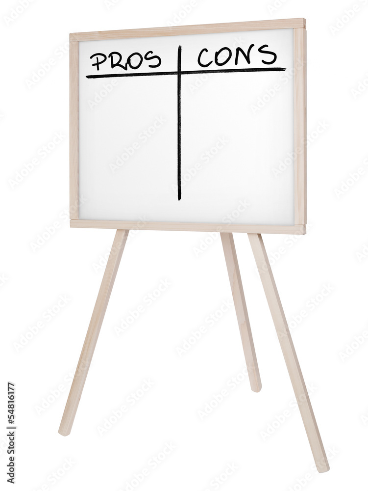 Presentation board (white board) with empty pros and cons table Presentation board (white board) with empty pros and cons table