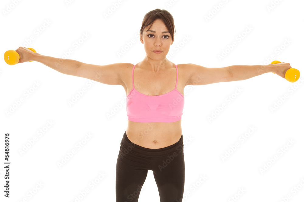 fitness woman pink sports bra arms out with weights
