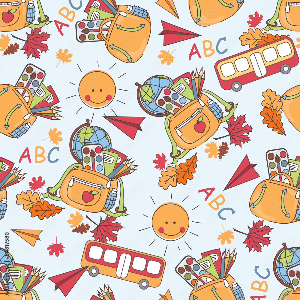 Colorful seamless pattern with school supplies