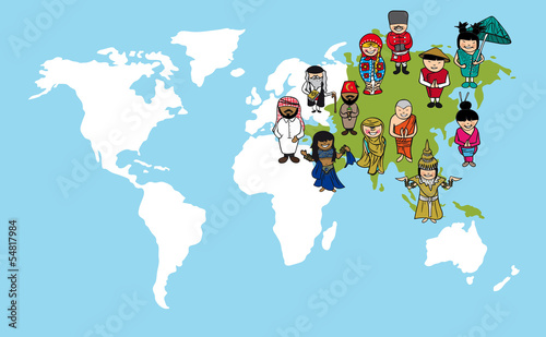 Asian people cartoons, world map diversity illustration.